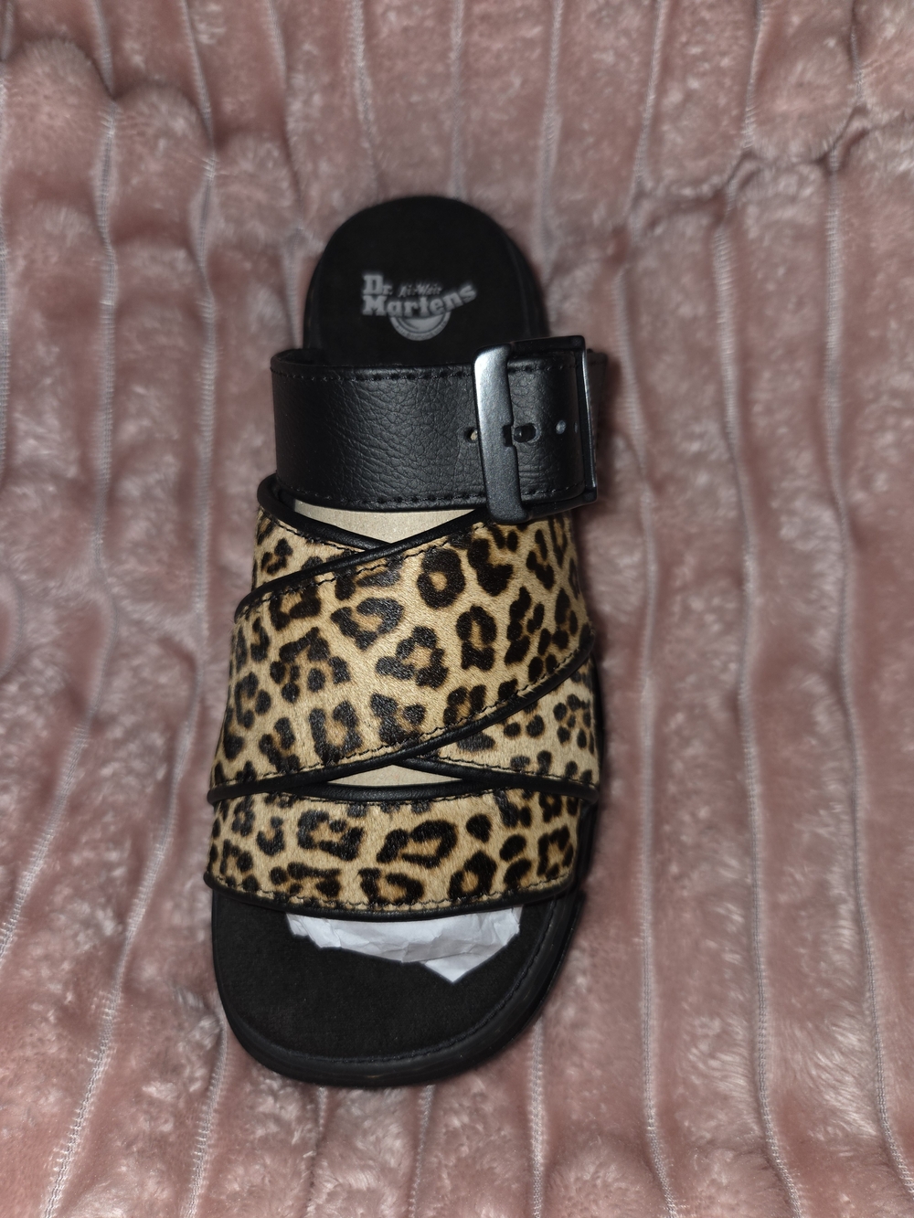 Dr. Martens Leopard Print Slide Sandals in Tan/Black